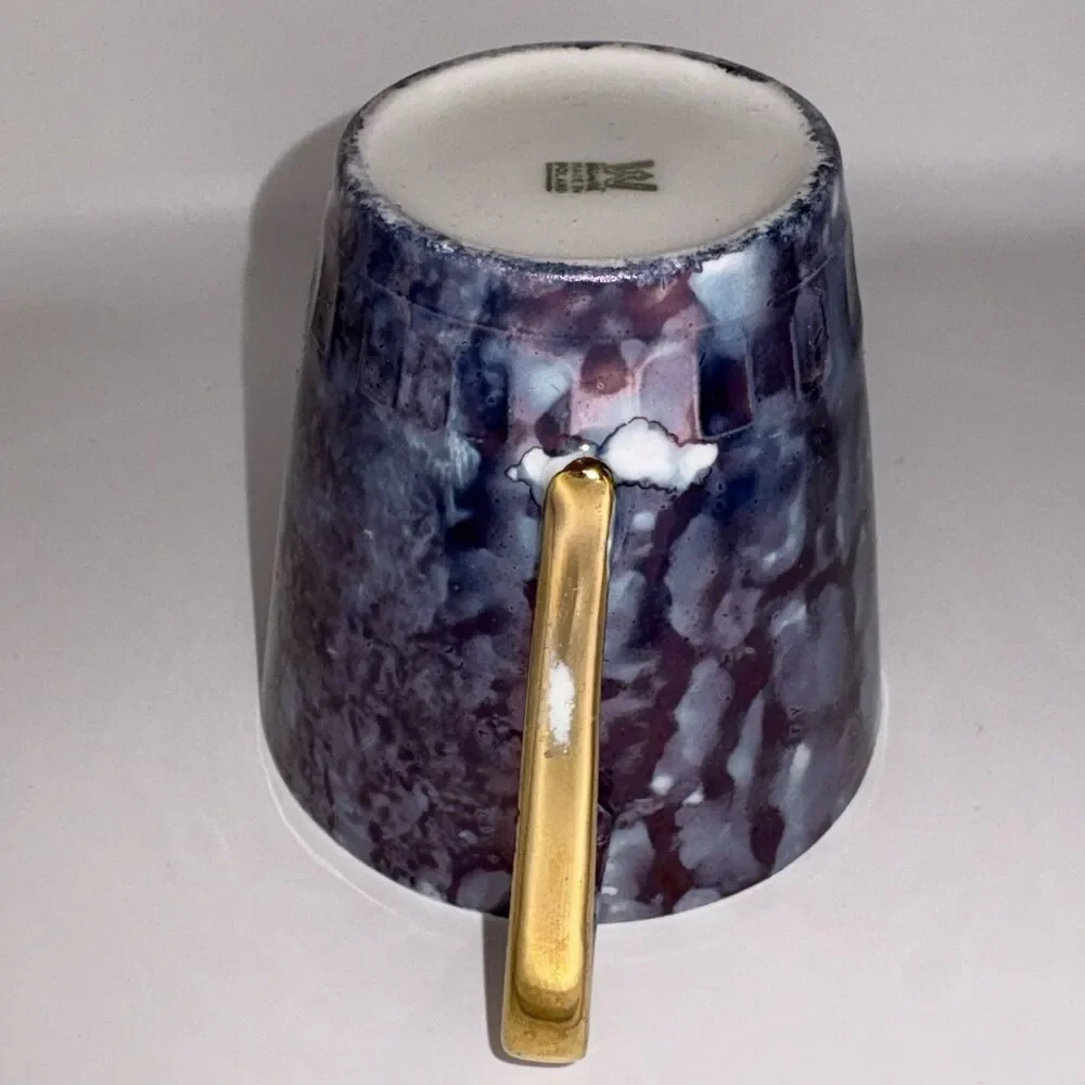Vintage Wawel Poland Mid Century Demitasse Cup & Saucer Set 3 Blue Marbled Gold